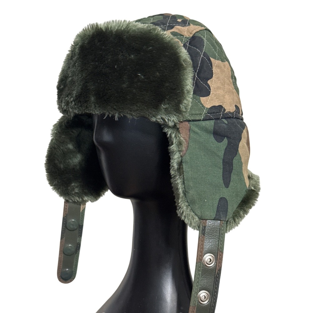 Vintage YoungAn Camo Trapper Hat Faux Fur 3M Thinsulate Bomber Cap Gorp Military